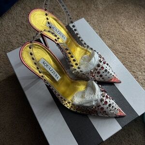 Amina Muaddi Pink and Gold Crystal-Embellished Slingback Pumps